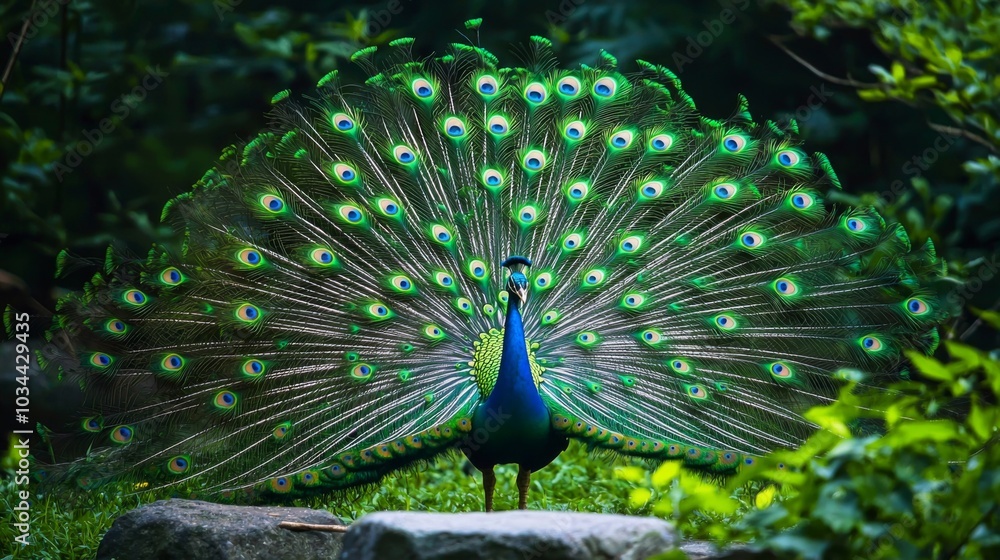 Obraz premium Beautiful peacock displaying its magnificent tail feathers