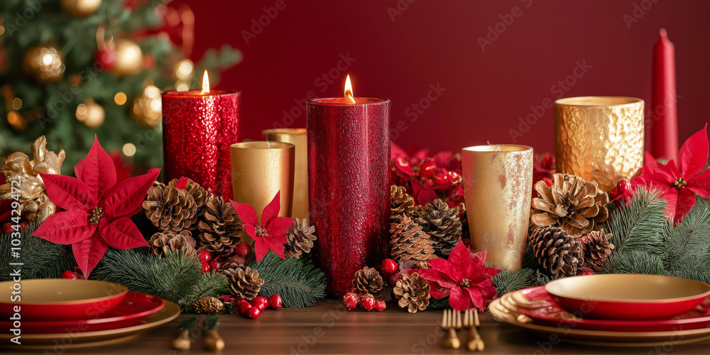 Close-up of a festive table setting with red and gold decorations, candles, and a garland of pine cones. Close-up of a festive table setting with red and gold decorations, candles, and a garland of pine cones.