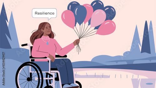 Woman in wheelchair releasing balloons, symbolizing resilience.