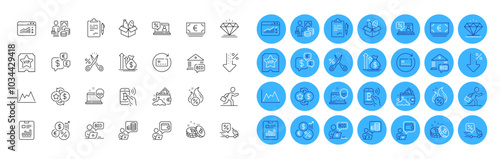 Money currency, Inflation and Low percent line icons pack. Online auction, Budget, Clipboard web icon. Report document, Cut tax, Diagram pictogram. Launder money, Web traffic, Food donation. Vector
