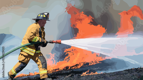 Firefighters battling raging wildfire with hoses against flames and smoke.