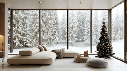 Modern Scandinavian living room during winter with a christmas tree