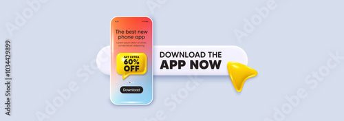 Get Extra 60 percent off Sale. Download the app now. Phone mockup screen. Discount offer price sign. Special offer symbol. Save 60 percentages. Phone download app search bar. Vector