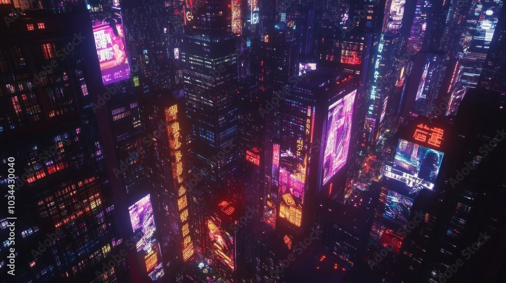 Neon-lit cyberpunk city at night with glowing signage Neon-lit cyberpunk city at night with glowing signage