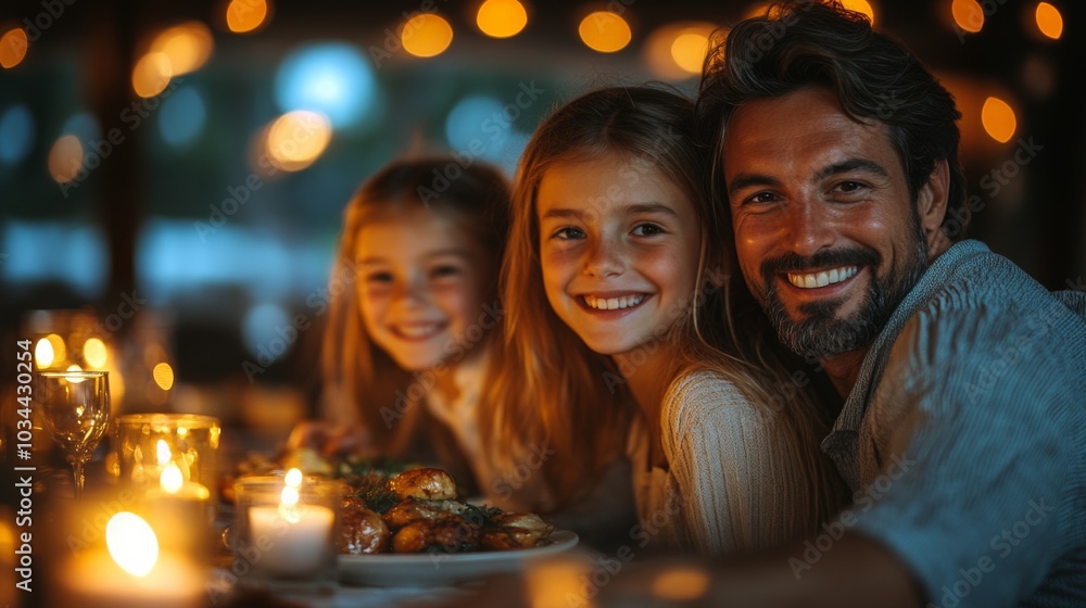 During a warm evening, a father shares laughter and delicious food with his two daughters at a cozy outdoor table adorned with candles, creating a cheerful atmosphere. During a warm evening, a father shares laughter and delicious food with his two daughters at a cozy outdoor table adorned with candles, creating a cheerful atmosphere.