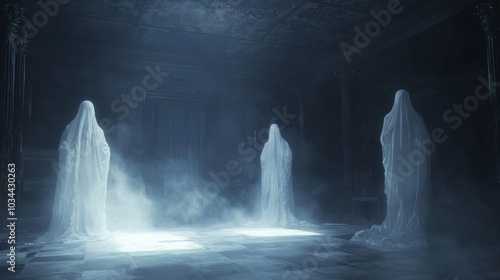 Eerie Gothic Halloween Haunted Attic with Ghostly Figures 3D Render Illustration