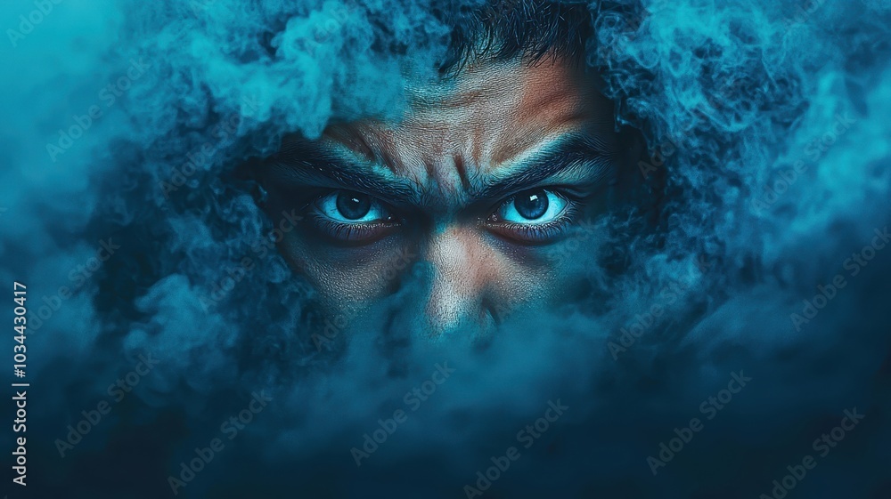 Intense gaze emerges from swirling blue mist, creating a mysterious and dramatic atmosphere. Intense gaze emerges from swirling blue mist, creating a mysterious and dramatic atmosphere.