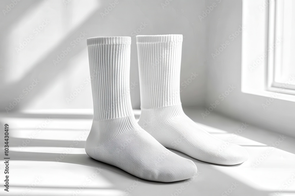 Woman feet wearing white cotton socks on white background Woman feet wearing white cotton socks on white background