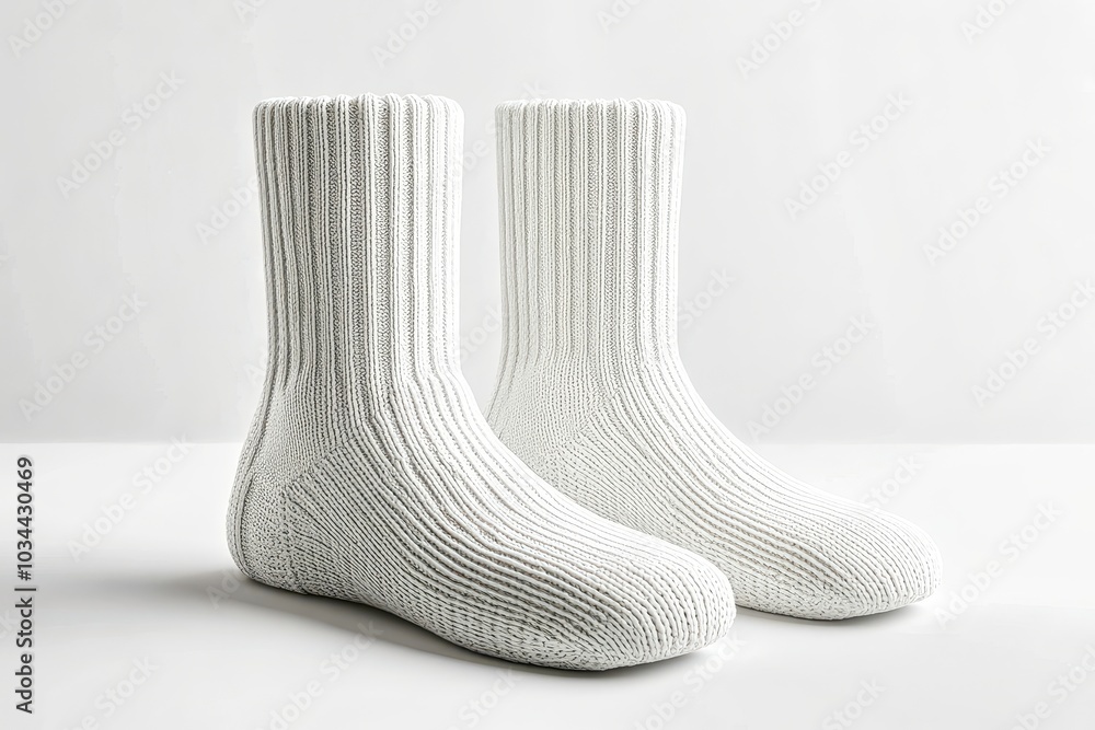 Pair of white knitted wool socks standing upright on white background Pair of white knitted wool socks standing upright on white background