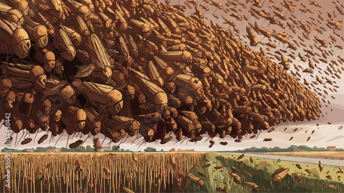 Illustrates the destructive power of nature, showcasing the devastating impact of a locust swarm on crops.