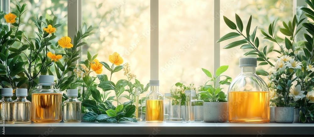 Bottles of Herbal Essential Oils on Window Sill Bottles of Herbal Essential Oils on Window Sill