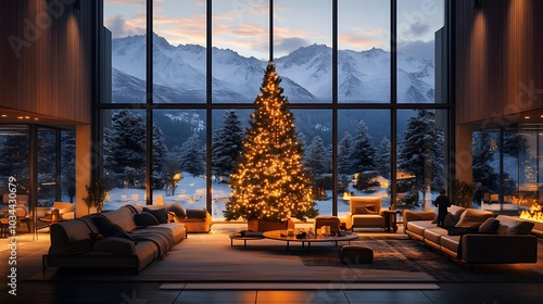 Elegant modern candlelit living room with a decorated Christmas tree and large windows 