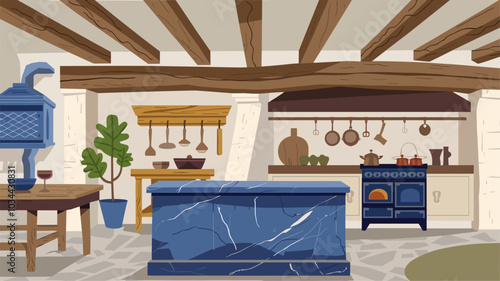 A blue marble podium in a rustic farmhouse kitchen.