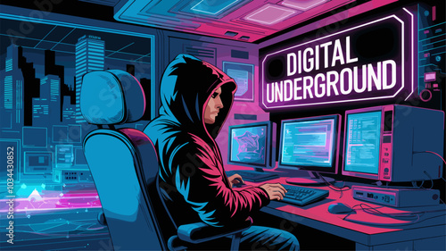A cyberpunk scene depicting a hacker's mastery of technology and the thrill of navigating the digital underworld.
