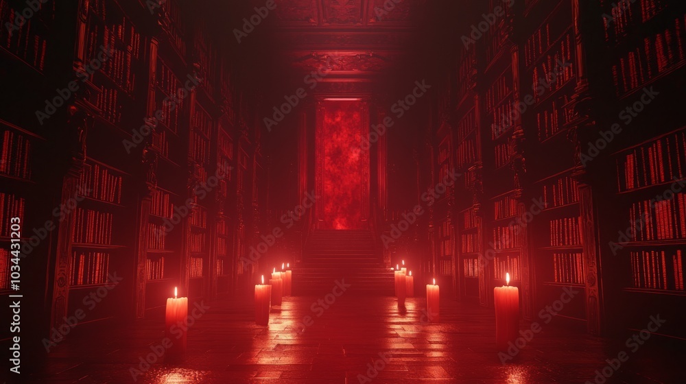 Enigmatic Gothic Halloween Background of Shadowy Library with Ancient Tomes and Candlelight | 3D Render Illustration for Spooky Atmosphere Enigmatic Gothic Halloween Background of Shadowy Library with Ancient Tomes and Candlelight | 3D Render Illustration for Spooky Atmosphere