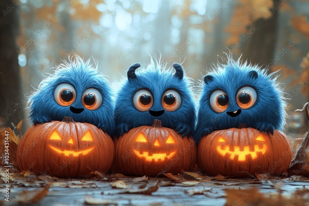 Fototapeta premium Cute Halloween Monsters with Pumpkins