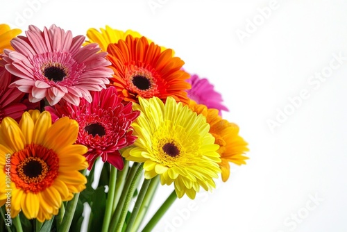 Bouquet of colorful flowers, with stems visible isolated on white background