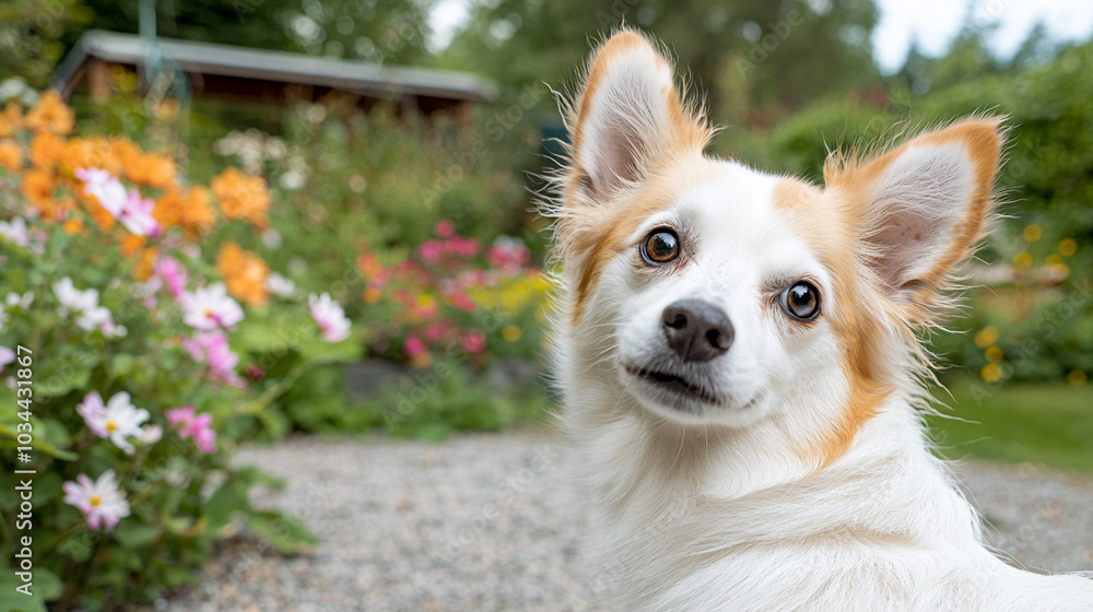A captivating image showcasing a gentle dog gazing curiously at the camera, with a lush garden in the background. A captivating image showcasing a gentle dog gazing curiously at the camera, with a lush garden in the background.