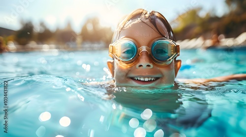 Happy child swimming in pool with goggles on sunny day