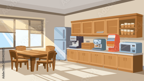 Kitchen interior in company office. Vector cartoon illustration of spacious dining room with wooden furniture, fridge, coffee machine, sweet dispenser, paper cups, microwave oven, sunlight in window