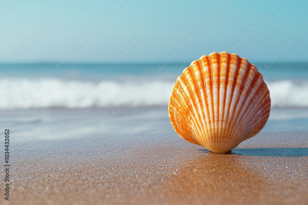 Single seashell on a sandy beach with a blue ocean horizon Single seashell on a sandy beach with a blue ocean horizon