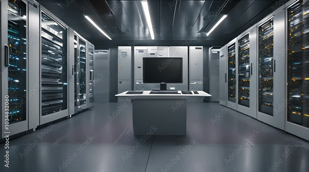 Detailed shot of a computer server room in a manufacturing facility highlighting the extensive use of AI and ML algorithms to use and optimize large amounts of production data Detailed shot of a computer server room in a manufacturing facility highlighting the extensive use of AI and ML algorithms to use and optimize large amounts of production data