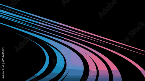 High speed motion curve lines with light neon effect. Blue and pink glowing dynamic trail of fast car movement or race. Realistic vector illustration of energy flare action on black background.