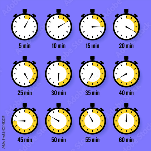 Stopwatch icons. Colorful simple chronometer, time counter with dial. Countdown timer showing hours and minutes. Deadline, measurement for sport. Cooking time label, sticker. Vector illustration