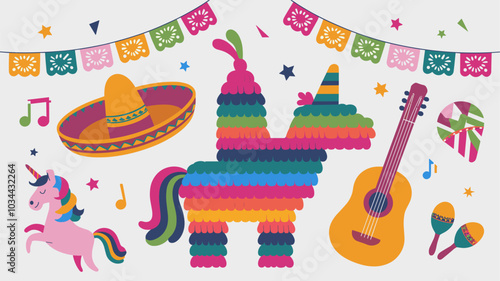 Mexican birthday vector set with pinata and sombrero. Isolated cartoon png collecton wit carnival hat, guitar, maracas and unicorn on white background. Fiesta symbol in Mexico for party decoration.