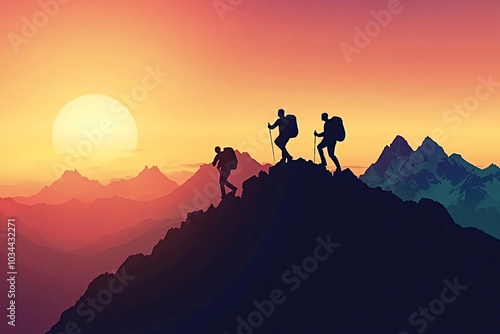 Three hikers silhouetted at mountain top during stunning sunset, painting sky in shades of orange, red, purple, and blue, exuding success, achievement, and adventure