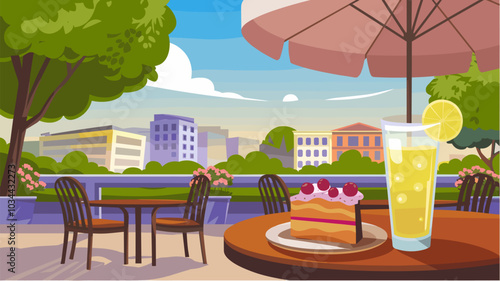 Outdoor cafe in city park on sunny day. Vector cartoon illustration of cake and glass of lemonade served on wooden table under umbrella, chairs and flowerpots on restaurant patio, cityscape background