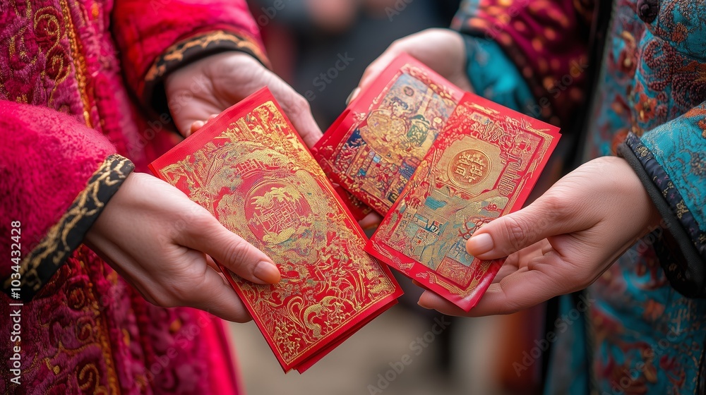 Close-up of two people exchanging red envelopes, intricately decorated with golden designs, symbolizing good fortune and prosperity. Close-up of two people exchanging red envelopes, intricately decorated with golden designs, symbolizing good fortune and prosperity.