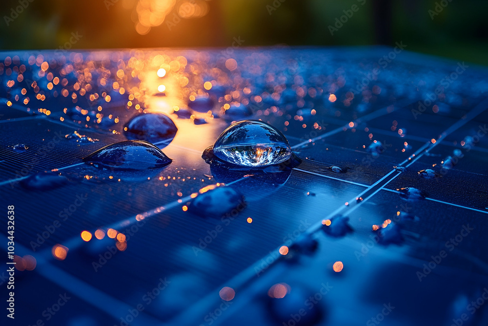 A close-up of a solar panel covered in water droplets, reflecting warm colors from a sunset, showcasing renewable energy's interaction with nature. A close-up of a solar panel covered in water droplets, reflecting warm colors from a sunset, showcasing renewable energy's interaction with nature.