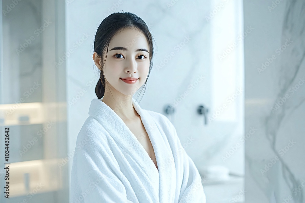Young woman is enjoying a relaxing morning routine in her luxurious bathroom, embracing a sense of tranquility and self-care Young woman is enjoying a relaxing morning routine in her luxurious bathroom, embracing a sense of tranquility and self-care