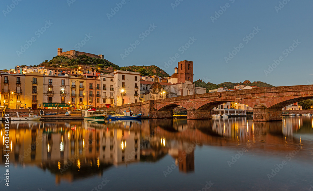 Beautiful view of the town of Bosa after sunset, island of Sardinia, Italy. Beautiful view of the town of Bosa after sunset, island of Sardinia, Italy.