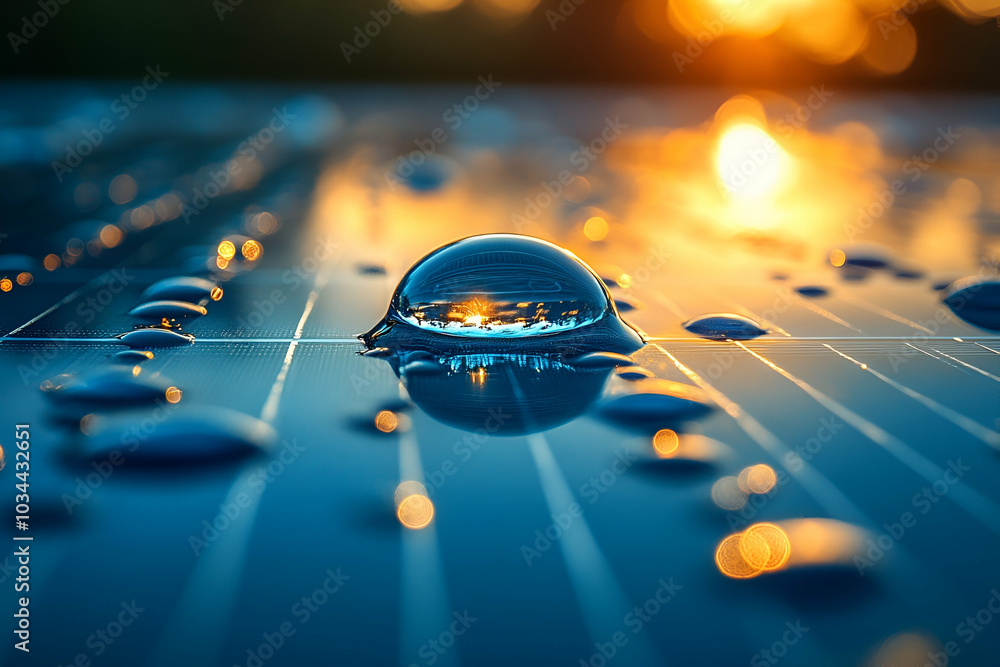 A close-up of a droplet of water on a solar panel, reflecting a warm sunset, showcasing the contrast between nature and technology.