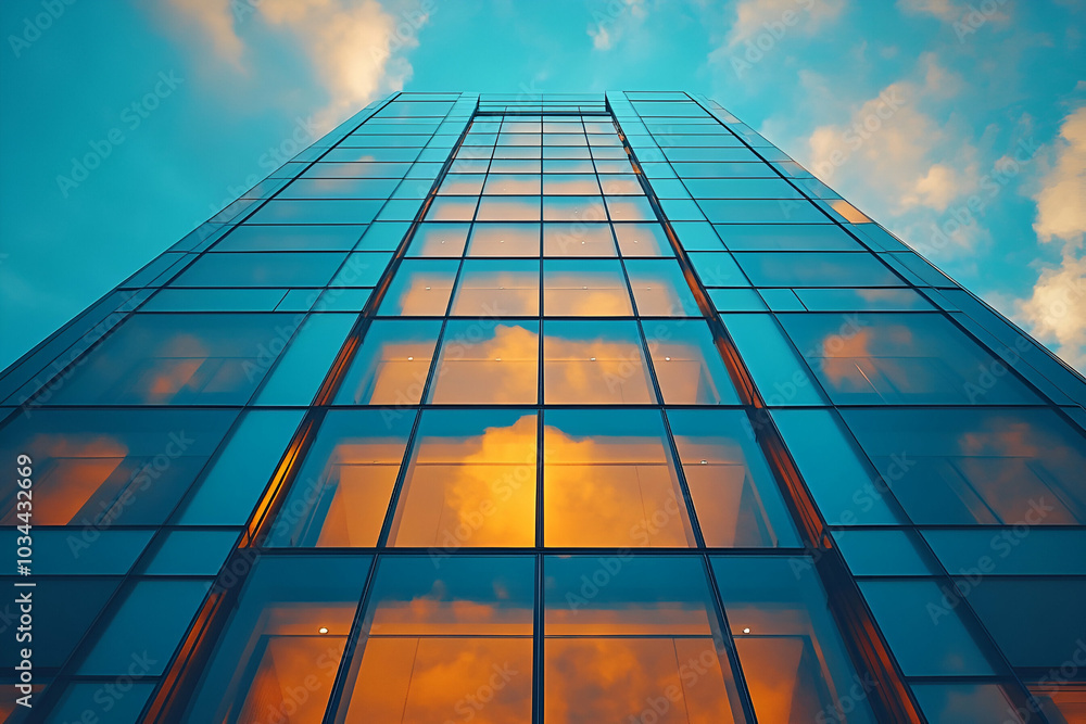 A tall glass building reflecting the sky and clouds, showcasing modern architecture in vibrant colors during sunset. A tall glass building reflecting the sky and clouds, showcasing modern architecture in vibrant colors during sunset.