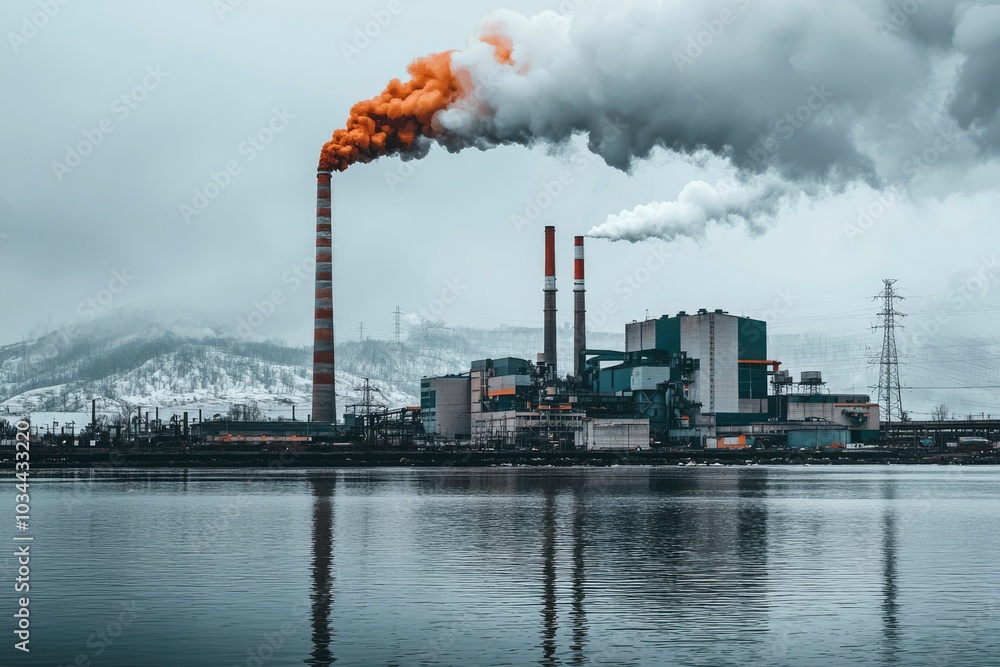 Industrial Complex with Smoke Plumes and Water Reflection Industrial Complex with Smoke Plumes and Water Reflection