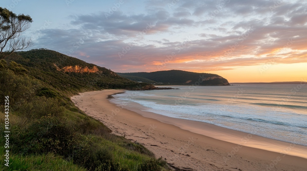 Coastal Landscape at Sunset with Sandy Beach and Forested Hills Coastal Landscape at Sunset with Sandy Beach and Forested Hills