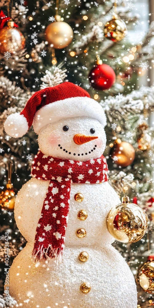 Cheerful snowman wearing santa hat and scarf near christmas tree Cheerful snowman wearing santa hat and scarf near christmas tree