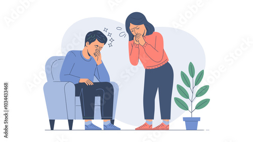 Sick people with cold, flu, headache, stomachache, allergy and throat pain. Ill man and woman characters cough and sneeze at home, vector hand drawn illustration isolated on white background