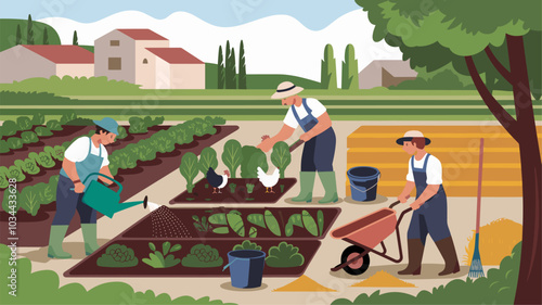 Farmers work on agriculture field and garden. Vector flat illustration of village people, rural workers watering vegetables, feed hen, with wheelbarrow, hay, buckets and rake