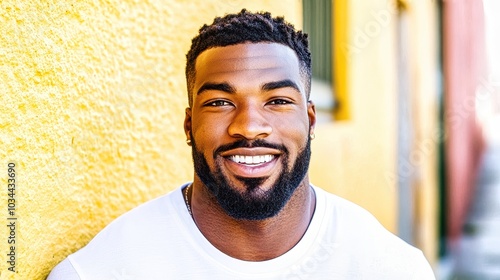 Handsome young black man smiling against yellow wall