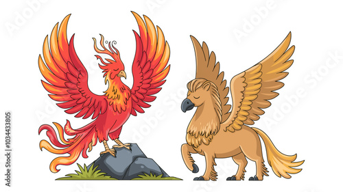 Fantasy creatures, phoenix and hippogriff. Fire bird and mythical animal characters with wings. Circle icons with fairytale beasts isolated on white background, vector cartoon illustration