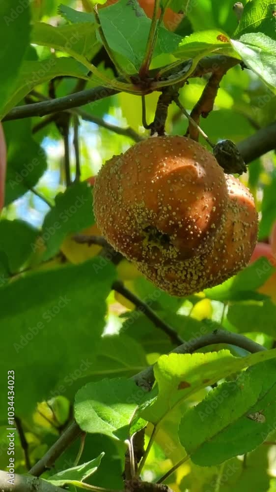 A rotting apple on a tree branch, covered with mold and fungal spots, framed by bright green leaves in natural sunlight.
