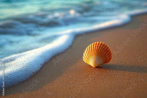 Seashell on a Sandy Beach With a Foamy Wave