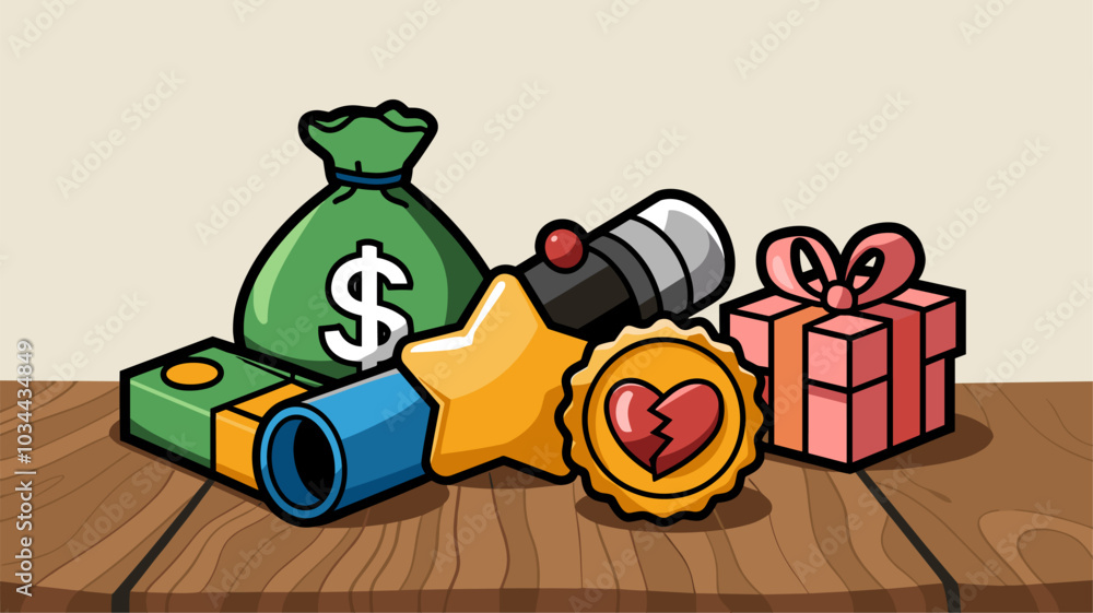 Game icons with money, gold star, dynamite, gift box, broken heart and award badge. Vector cartoon set of signs for gui of mobile game, hourglass, tnt, magic book, magnet, potion, gem and letter Game icons with money, gold star, dynamite, gift box, broken heart and award badge. Vector cartoon set of signs for gui of mobile game, hourglass, tnt, magic book, magnet, potion, gem and letter