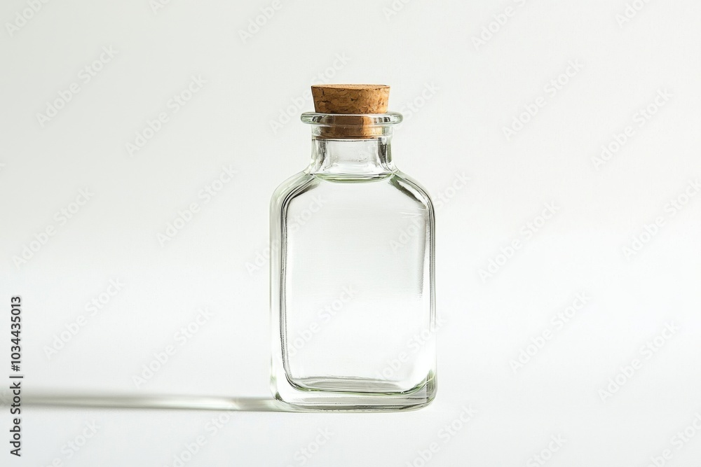 Clear glass bottle of essential oil, capturing simplicity and wellness isolated on white background Clear glass bottle of essential oil, capturing simplicity and wellness isolated on white background