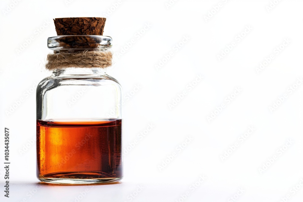 Clear glass bottle of essential oil, capturing simplicity and wellness isolated on white background Clear glass bottle of essential oil, capturing simplicity and wellness isolated on white background