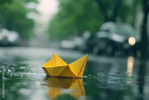 Yellow Paper Boat Floating in Rainy Puddles